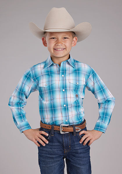 Roper Boys LS Blue Sky Plaid Shirt