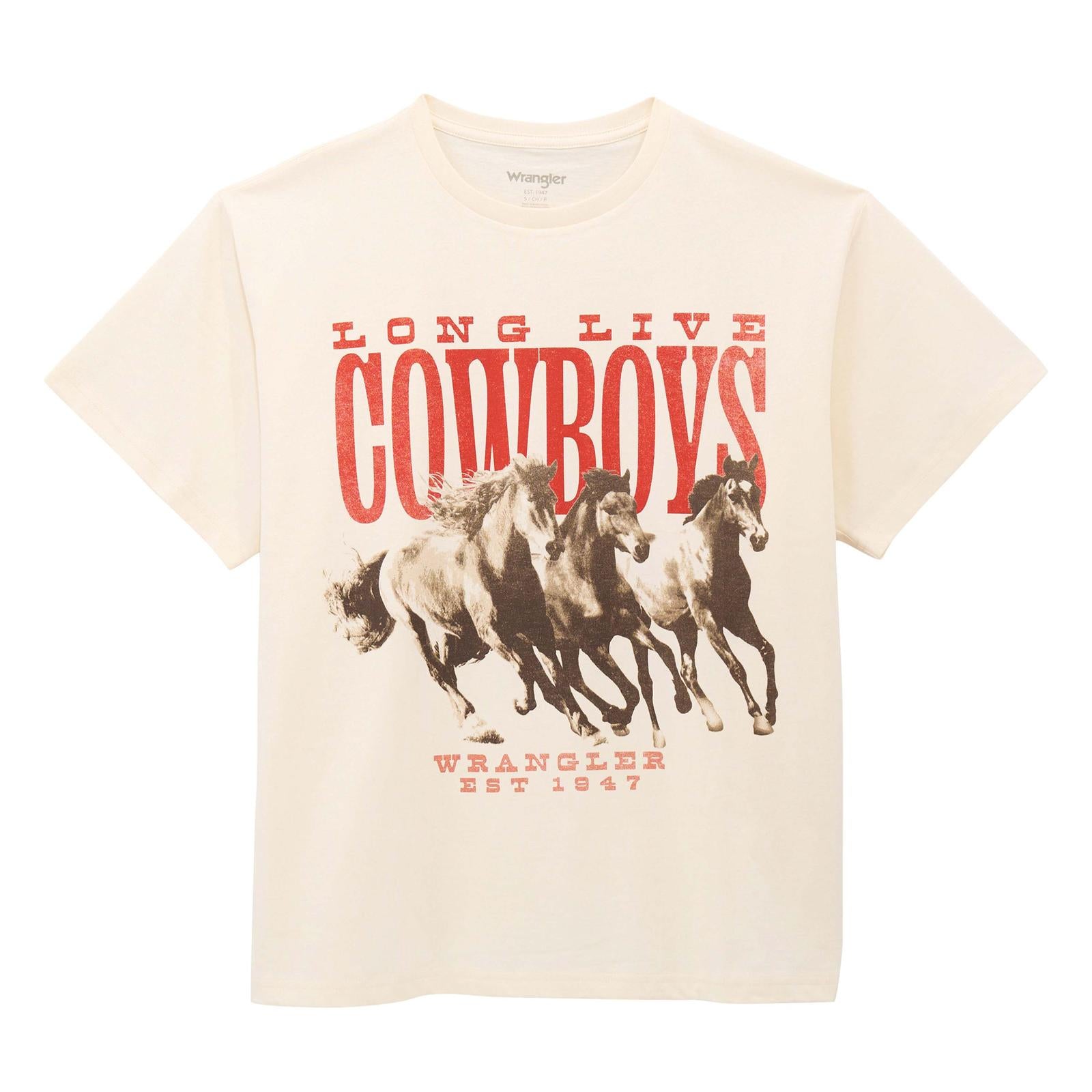 Beige t-shirt with 'Long Live Cowboys' graphic and Wrangler branding 