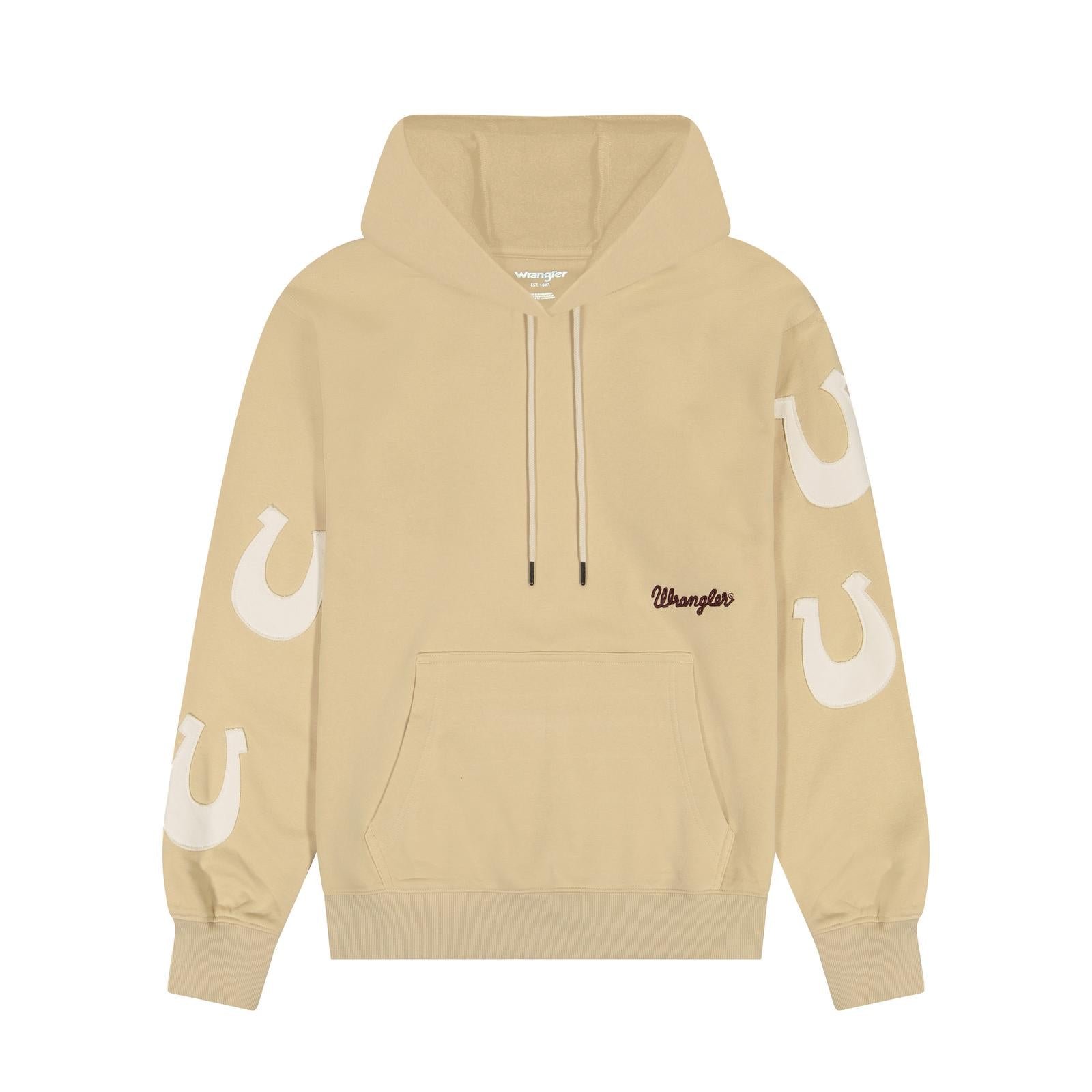 Ladies tan Wrangler Hoodie with horsehoe applique