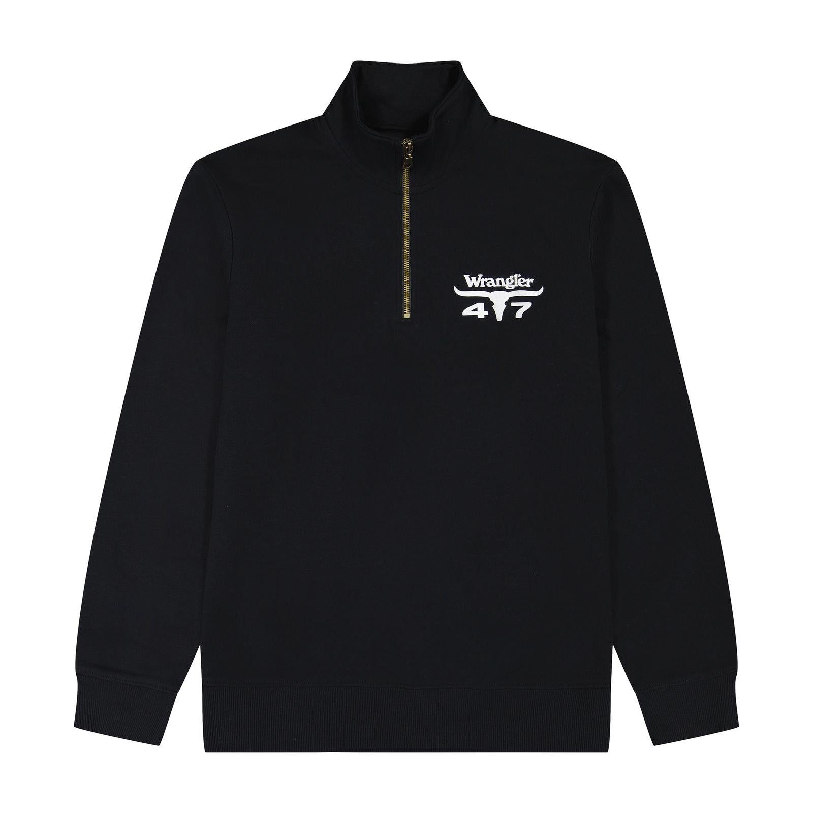 Men's Black quarter-zip sweatshirt with Wrangler logo
