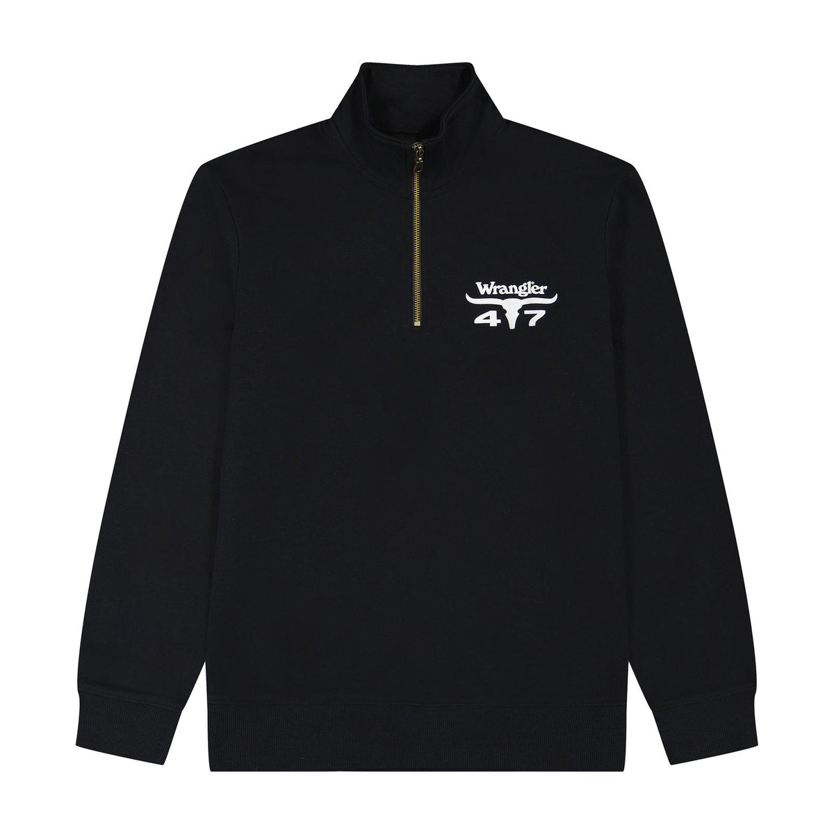 Men's Black quarter-zip sweatshirt with Wrangler logo
