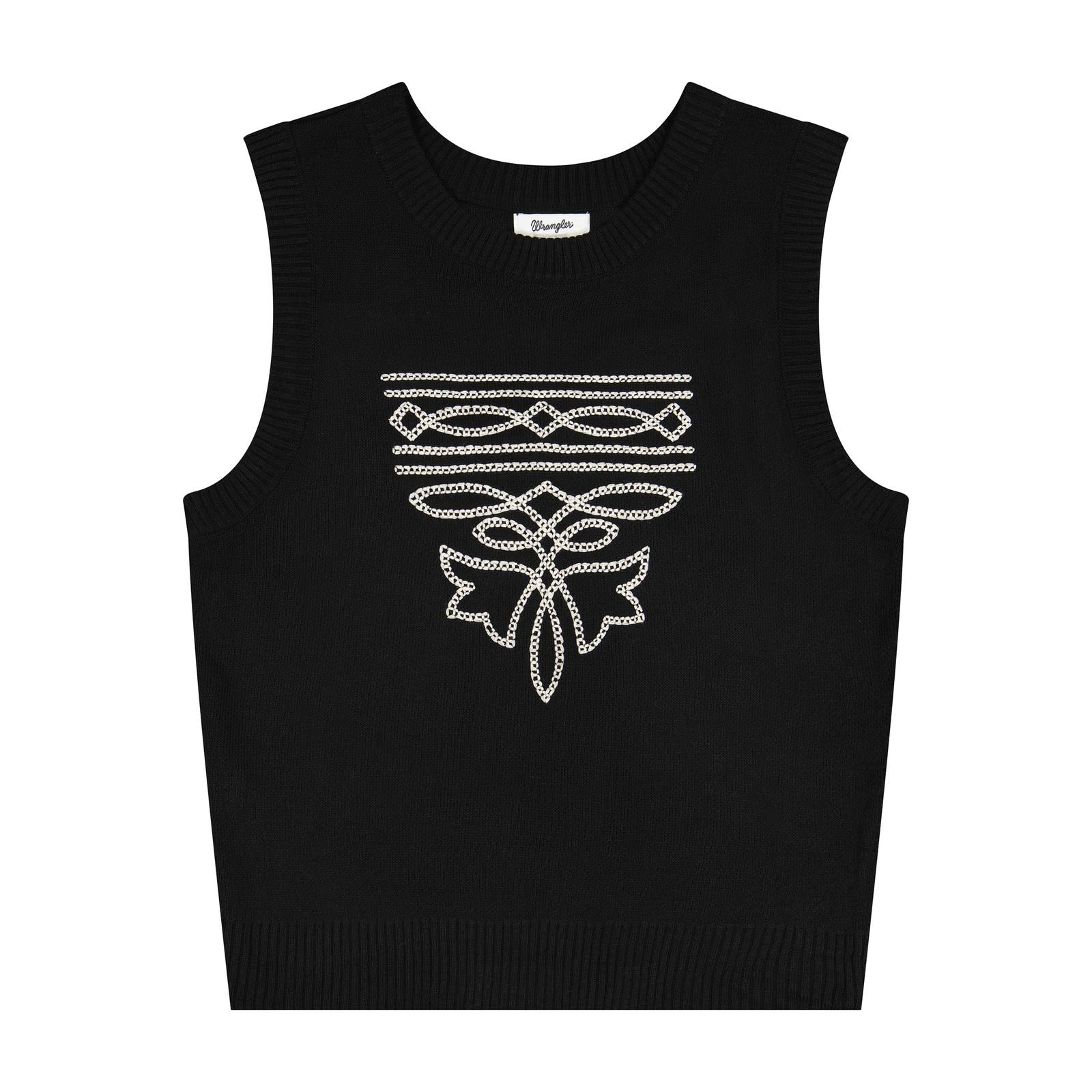 Black sleeveless sweater vest with decorative boot stitch pattern on the front