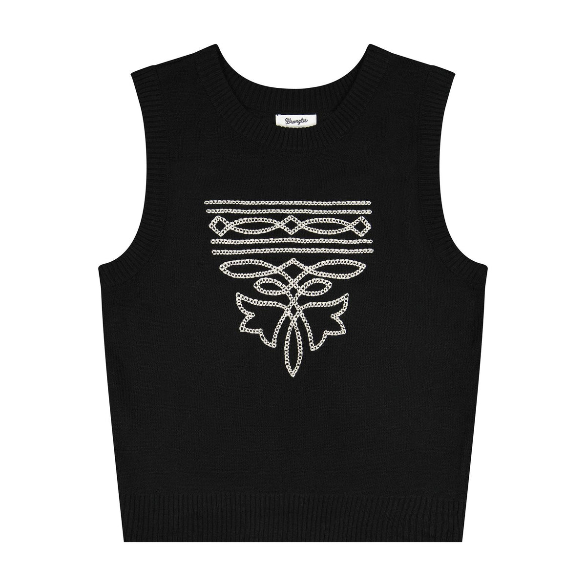 Black sleeveless sweater vest with decorative boot stitch pattern on the front