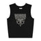 Black sleeveless sweater vest with decorative boot stitch pattern on the front