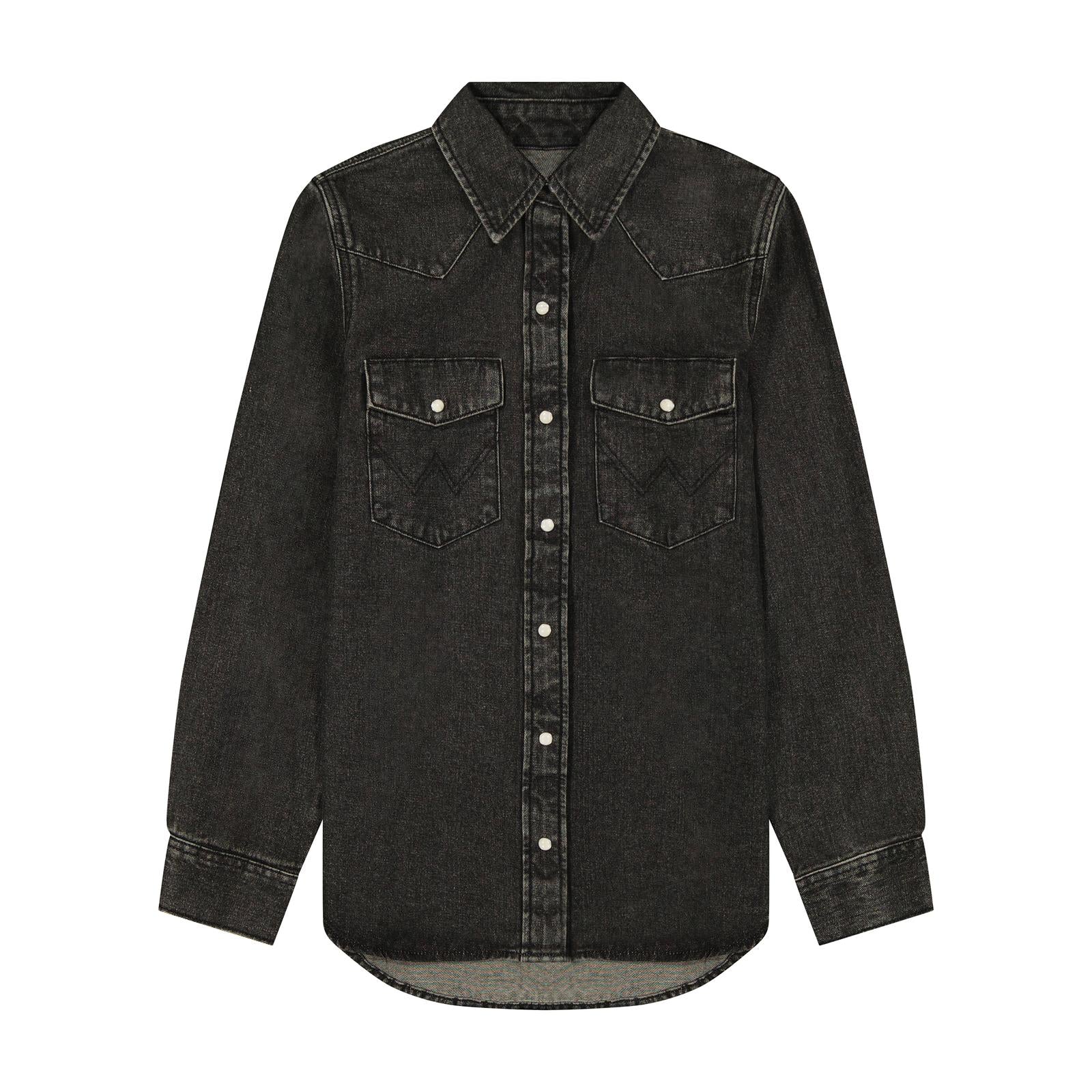 Ladies Black denim shirt with white pearl snaps