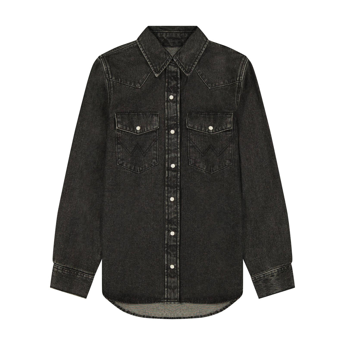 Ladies Black denim shirt with white pearl snaps