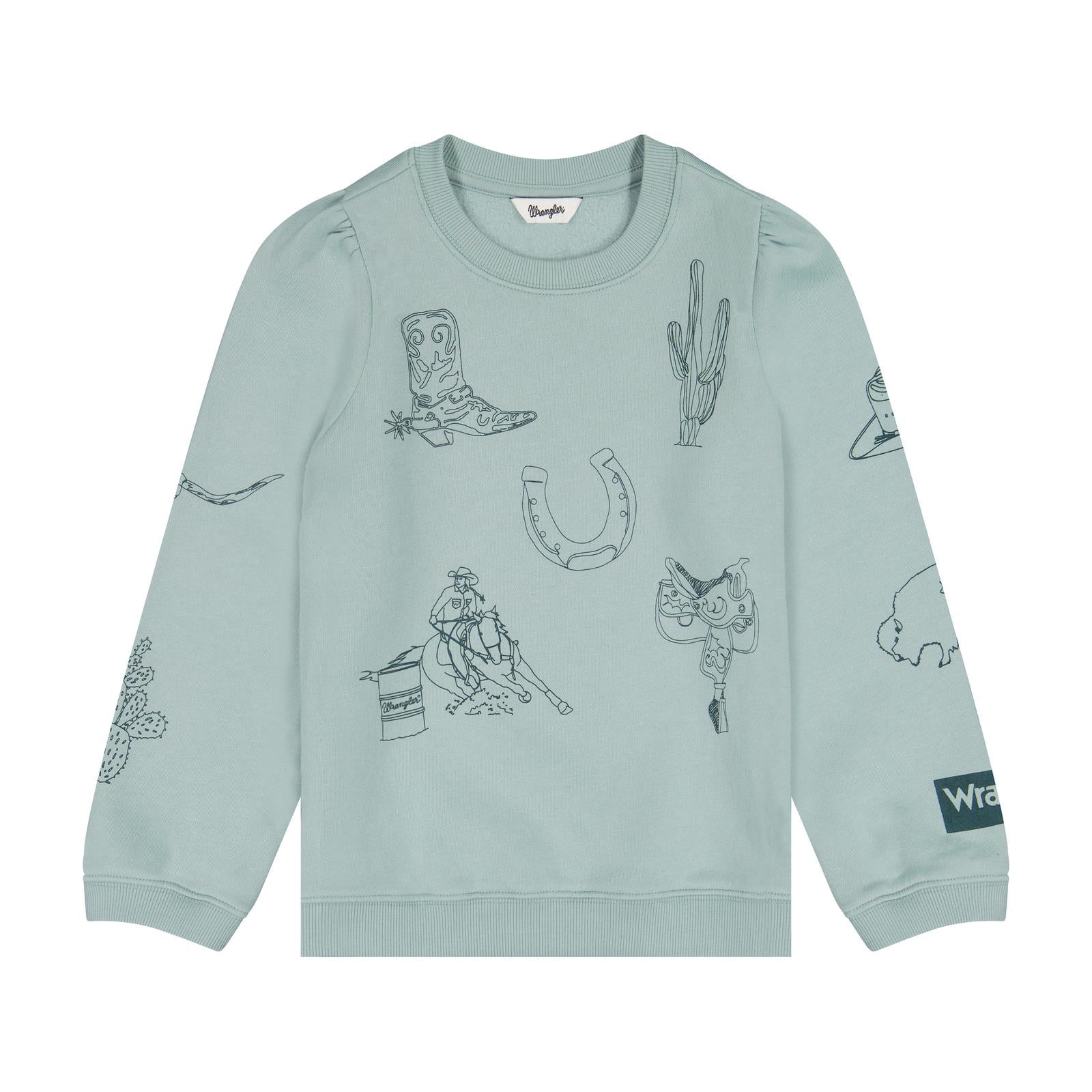 Light blue sweatshirt with black graphics and Wrangler logo near cuff