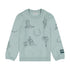 Light blue sweatshirt with black graphics and Wrangler logo near cuff