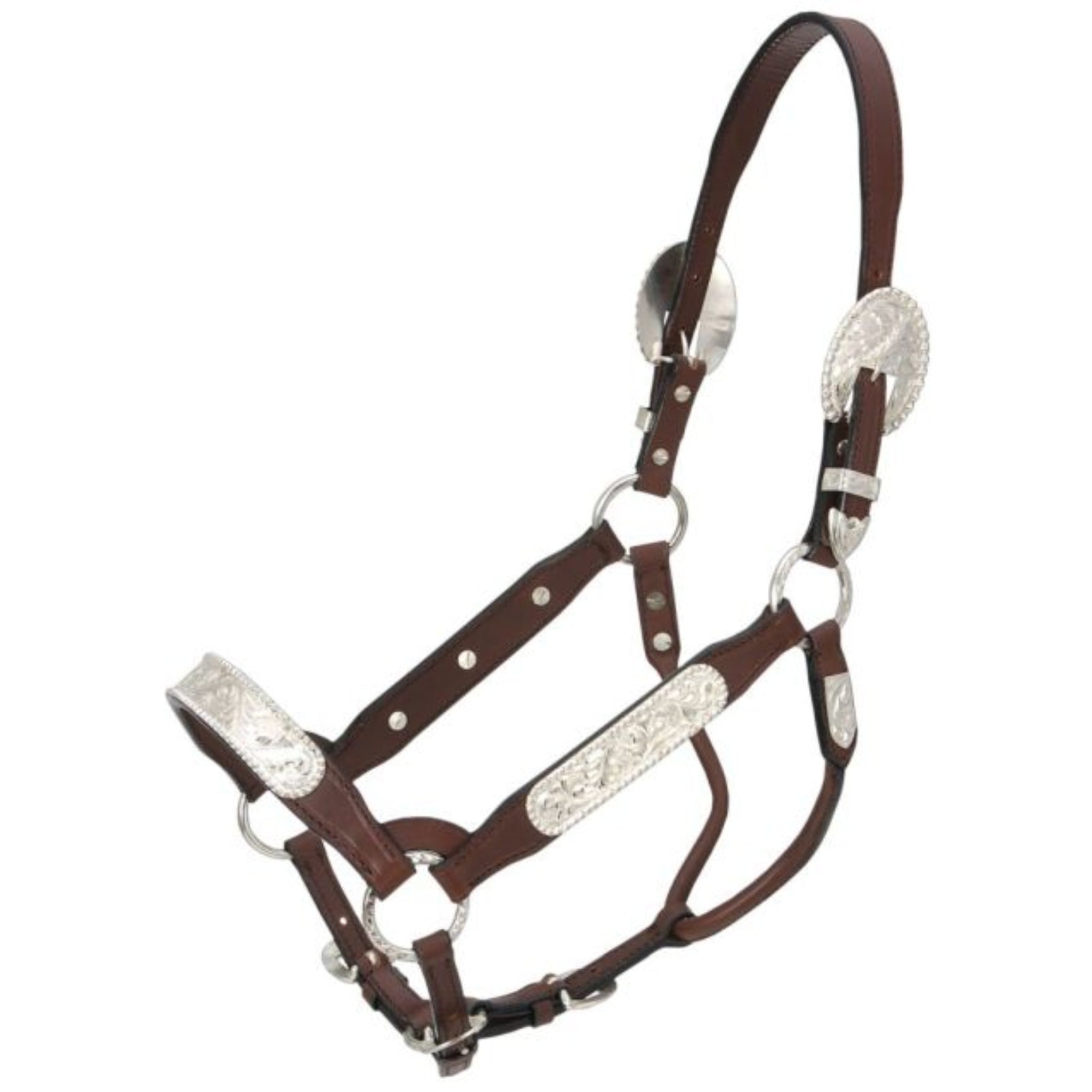  It is made of fine dark oil bridle leather that is doubled and stitched for strength. Wide silver plates across nose and on both cheeks feature a gorgeous berry edge trim.