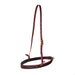 A brown leather noseband with stitching detail and metal buckles.