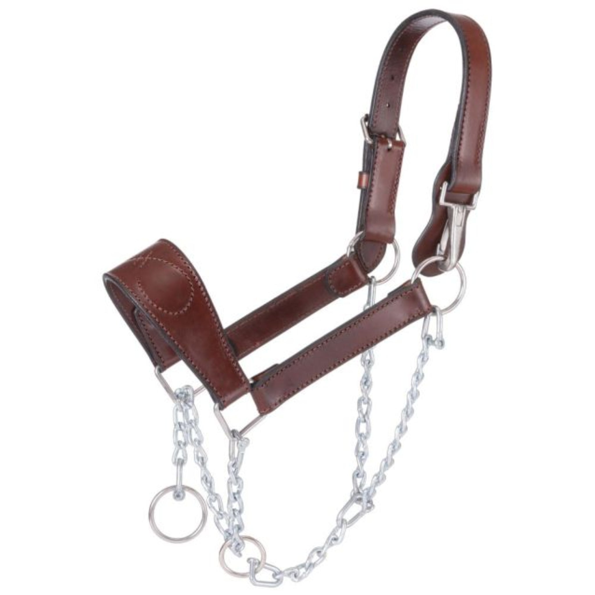 This rich leather mule halter features sturdy stainless steel hardware throughout making it durable enough for everyday use.