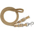 A pair of beige waxed nylon roping reins with metal scissor snap ends and adjustable straps.