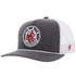 A gray and white 5-panel snapback hat with a red and white circular patch on the front and the Hooey logo in red on the brim.
