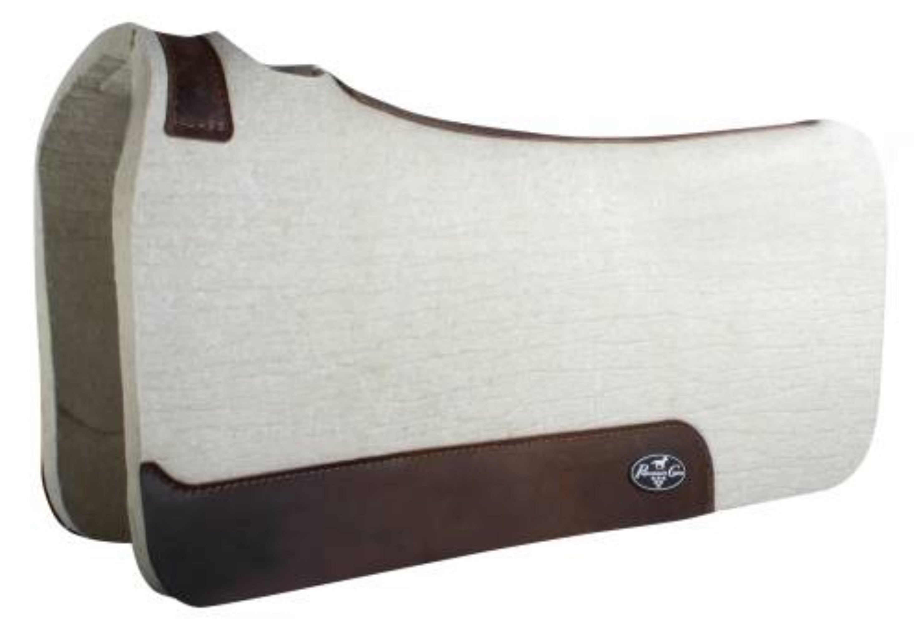 A beige felt saddle pad with a brown leather trim 