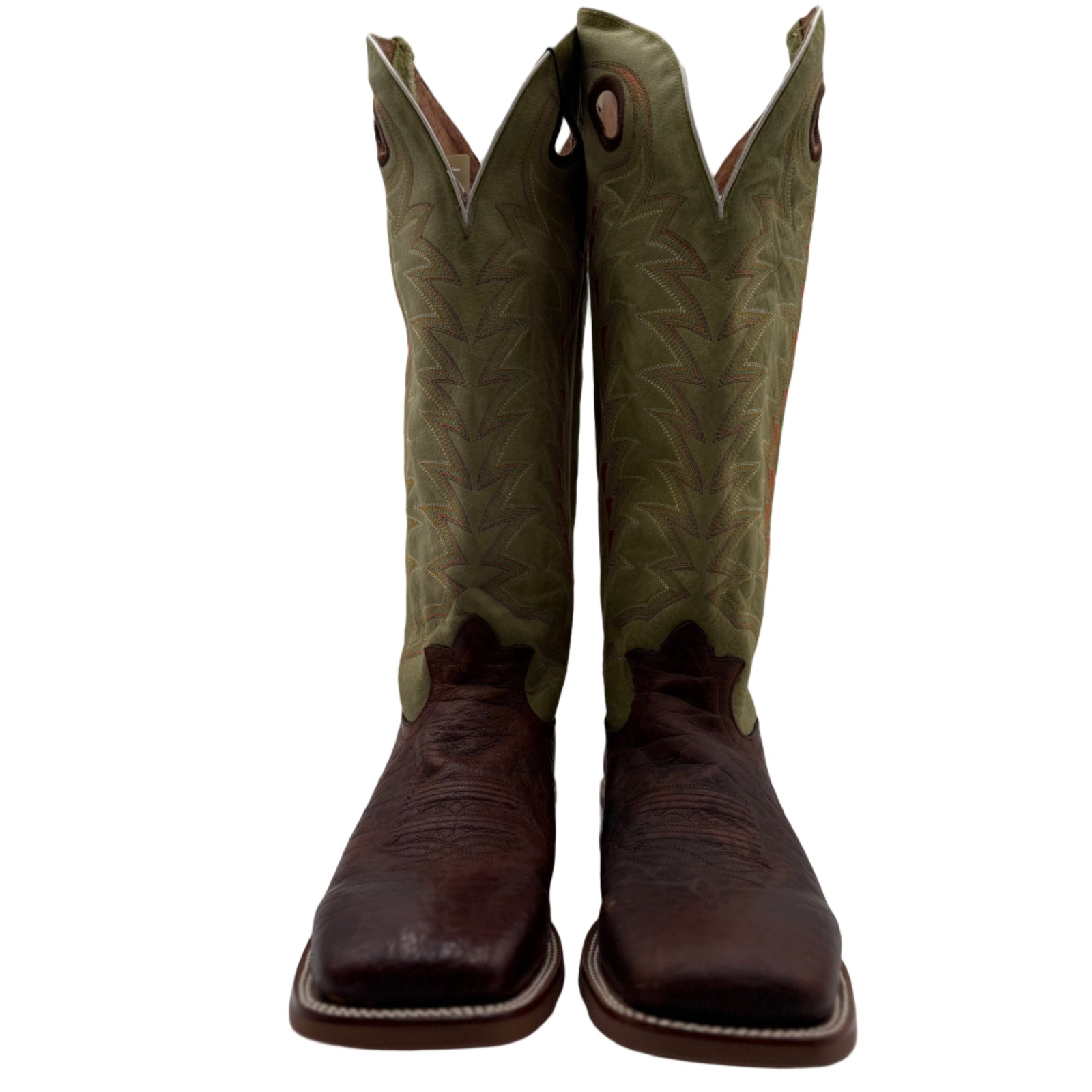 Brown cowboy boots with green uppers