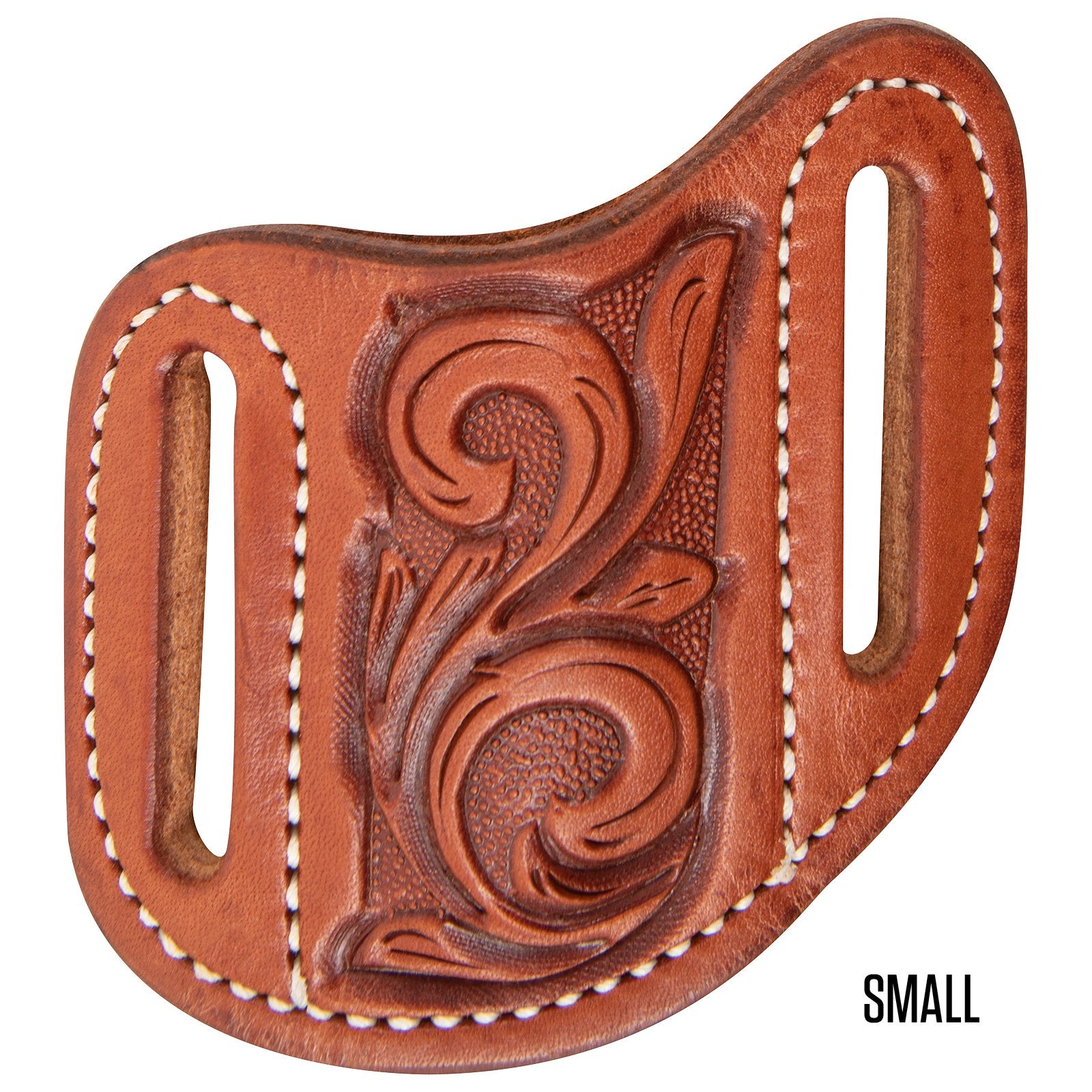 Brown leather holster with intricate designs 