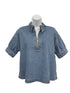 Blue denim short sleeve blouse with 1/4 zip front and button embellishments on sleeves