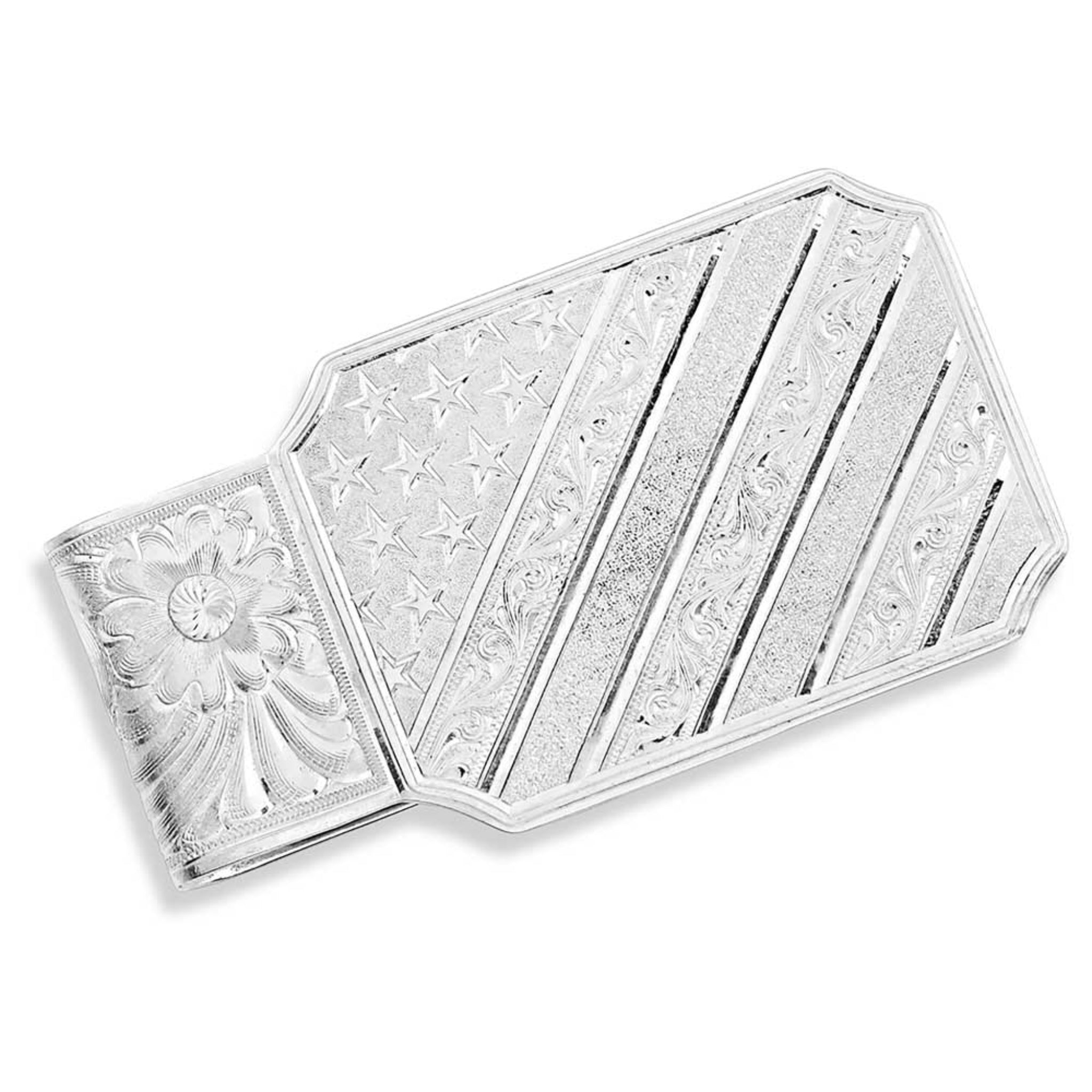 A German silver metal money clip with engraved American Flag patterns and designs.