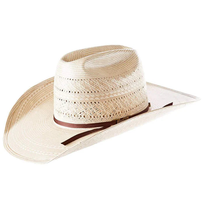 A straw American Hat Co. cowboy hat with a 4 1/4 inch brim, featuring a band and eyelet details.