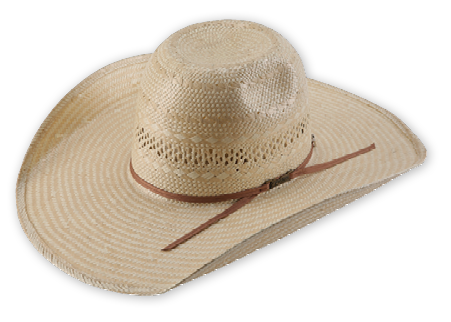 A straw American cowboy hat with a 5-inch brim, featuring a patterned design and a brown band.