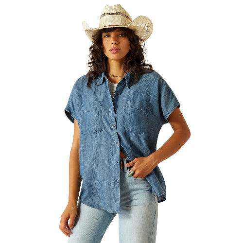 Ladies denim short sleeve button up shirt 
