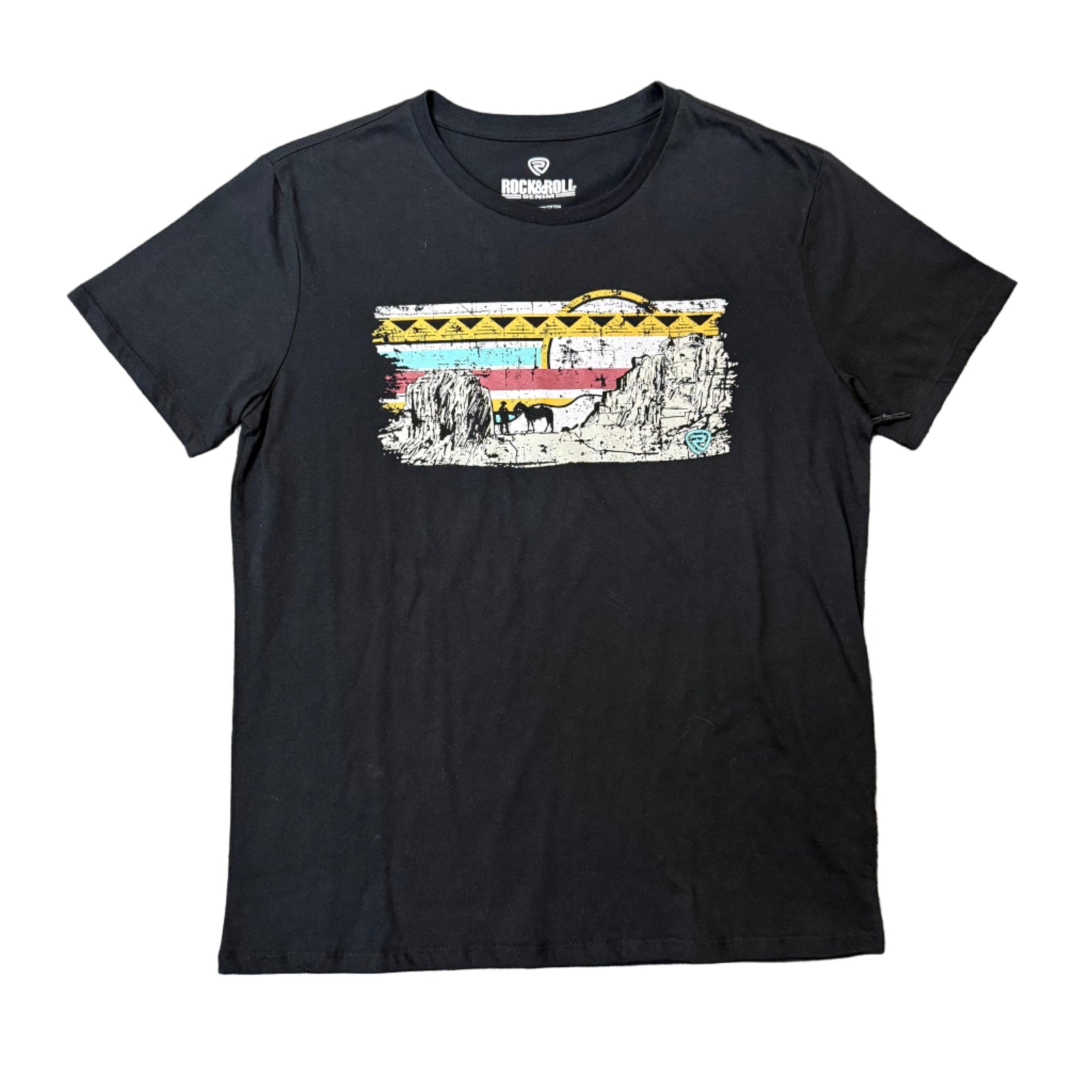 Black t-shirt with a graphic design 