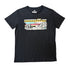 Black t-shirt with a graphic design 