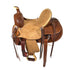 A youth / kids ranch saddle with a rough out seat, silver conchos, and a rawhide wrapped fiberglass tree.
