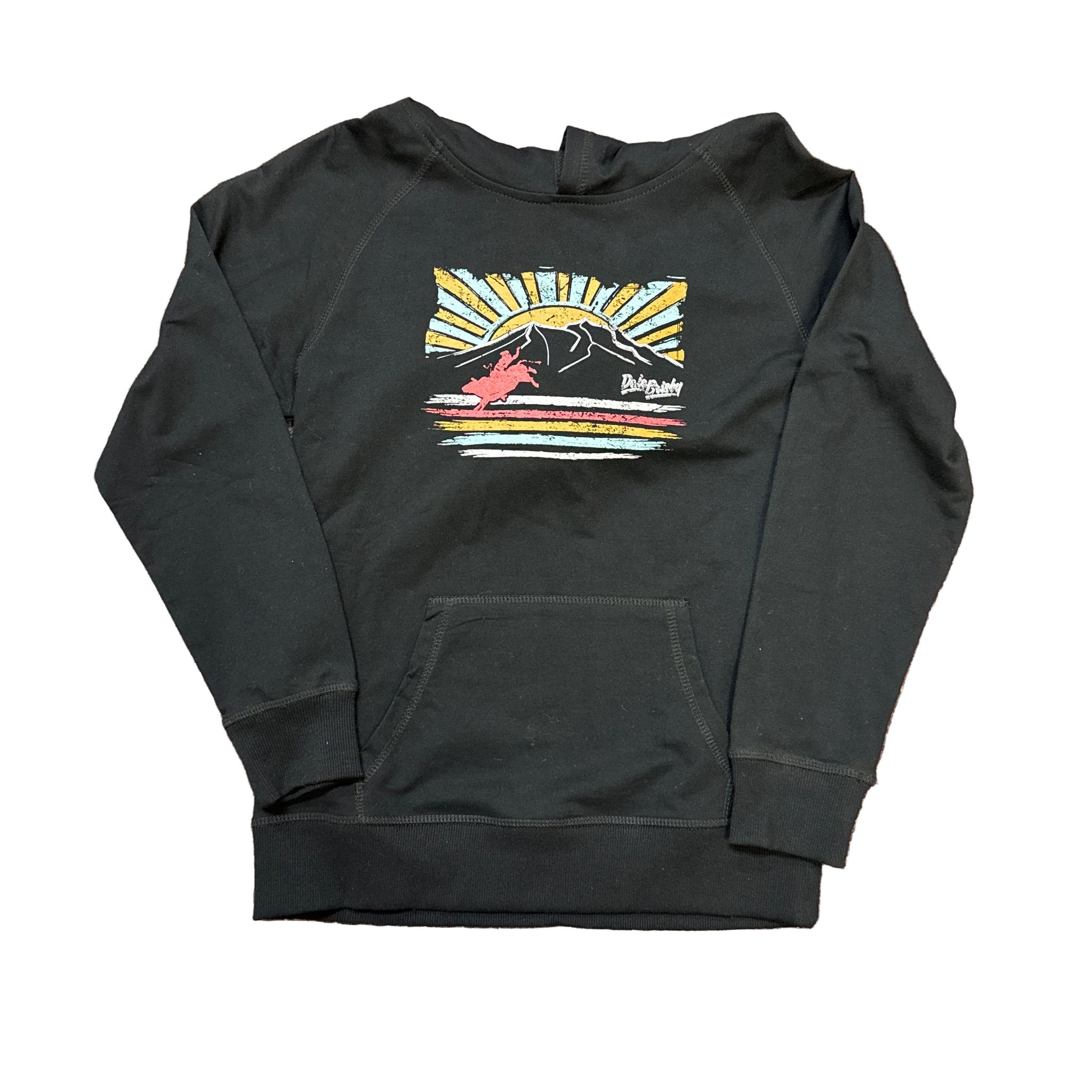 Black hoodie with a colorful graphic 