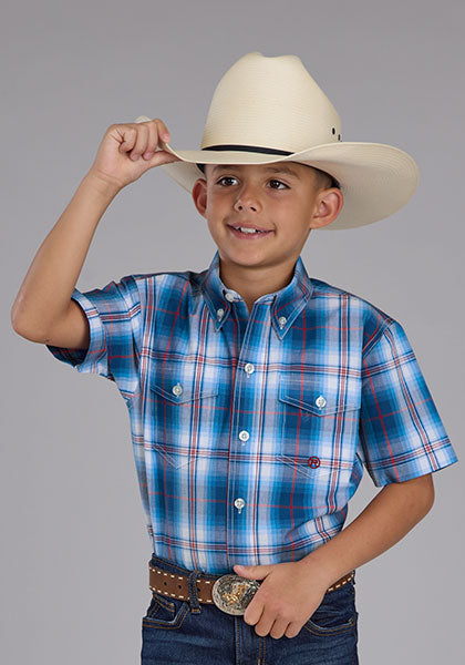 boys blue plaid short sleeve button down shirt