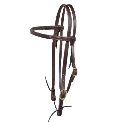 A dark brown leather horse bridle with brass hardware with Wickett-Craig Harness Leather