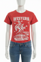 Red t-shirt with white graphic and text 