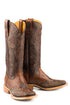 Pair of brown cowboy boots with intricate designs on a white background