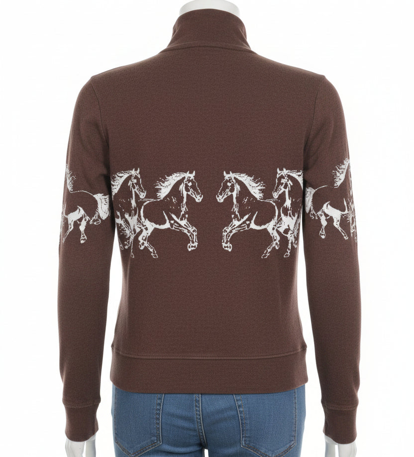 Rock & Roll Denim Women's Border Horse Print Cotton Pullover - Brown LW91T08442