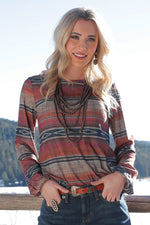 Womens LS Rib Knit Sublimation Print Blouse