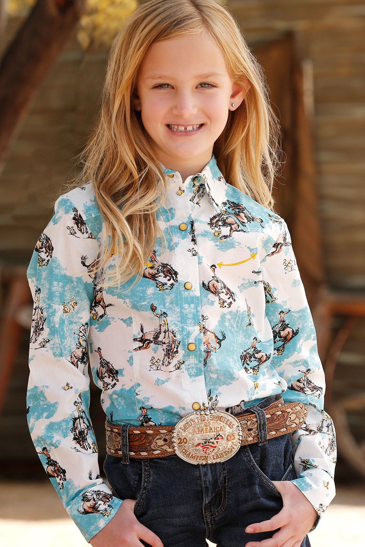 Girls Turquoise Bronco Snap Shirt