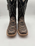Pair of cowboy boots with black and brown snake skin pattern on a white background
