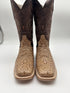 Pair of brown cowboy boots with intricate embossing on a white background