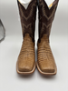 Pair of brown cowboy boots with detailed stitching on a white background