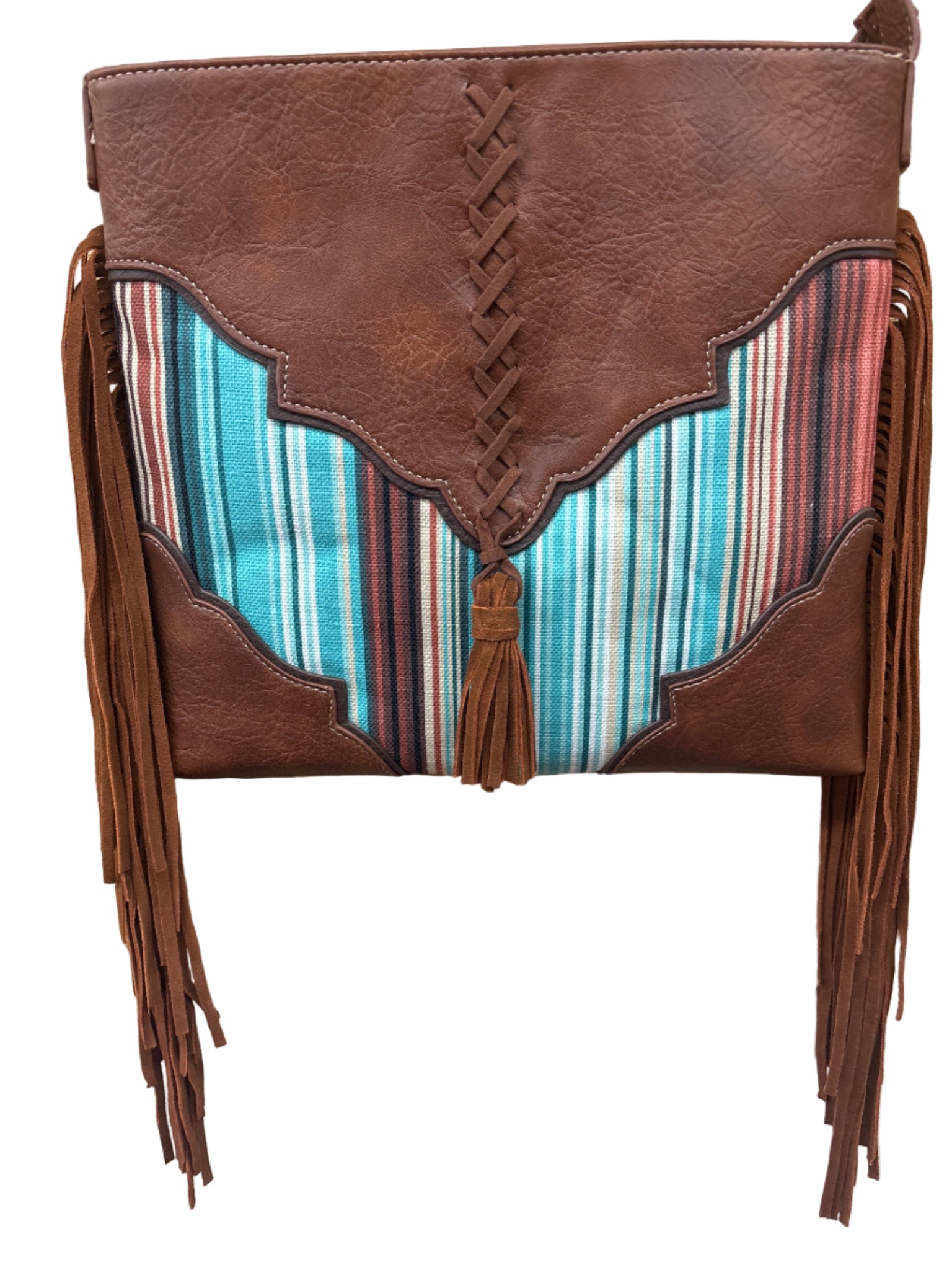 Brown leather bag with colorful striped pattern 