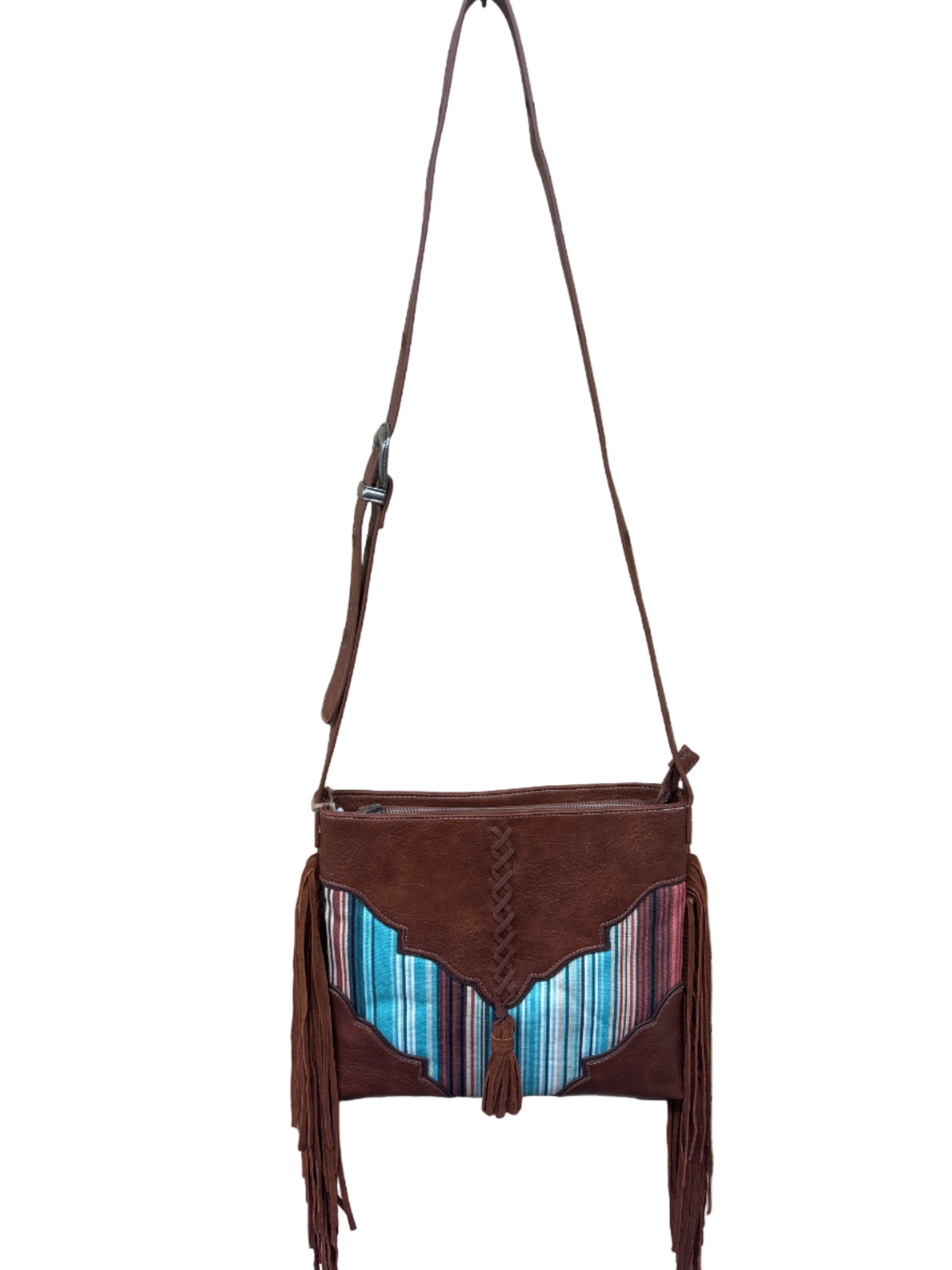 Brown leather bag with colorful striped pattern 