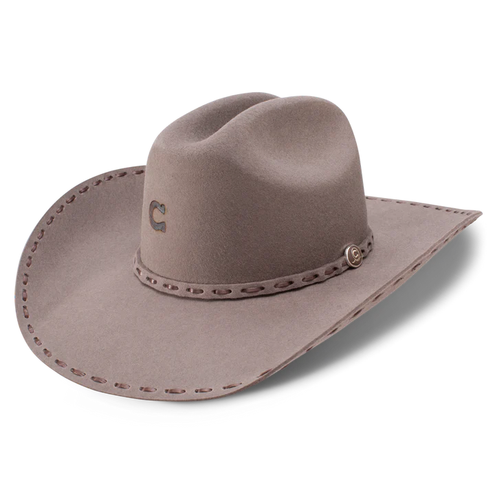 brown 'Charlie1Horse' cowboy hat with a leather sweatband, featuring a brown whip stitch on the brim and band.