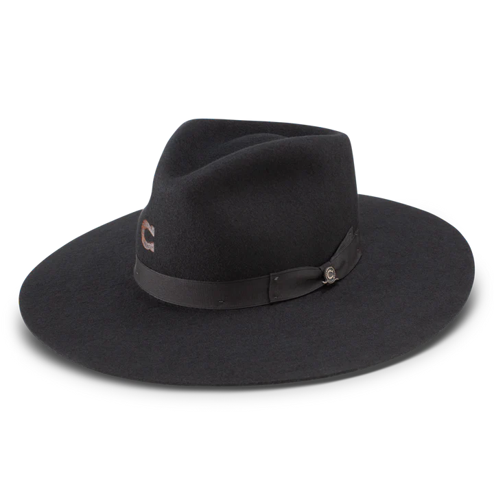 A black wool hat with a 3 1/2 inch pinch-front crown and a 3 3/4 inch floppy downturned brim, featuring a matching black hatband buckle with the Charlie 1 Horse logo.
