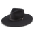 A black wool hat with a 3 1/2 inch pinch-front crown and a 3 3/4 inch floppy downturned brim, featuring a matching black hatband buckle with the Charlie 1 Horse logo.