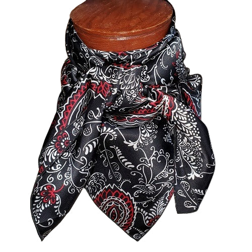 Black and white patterned scarf with red accents