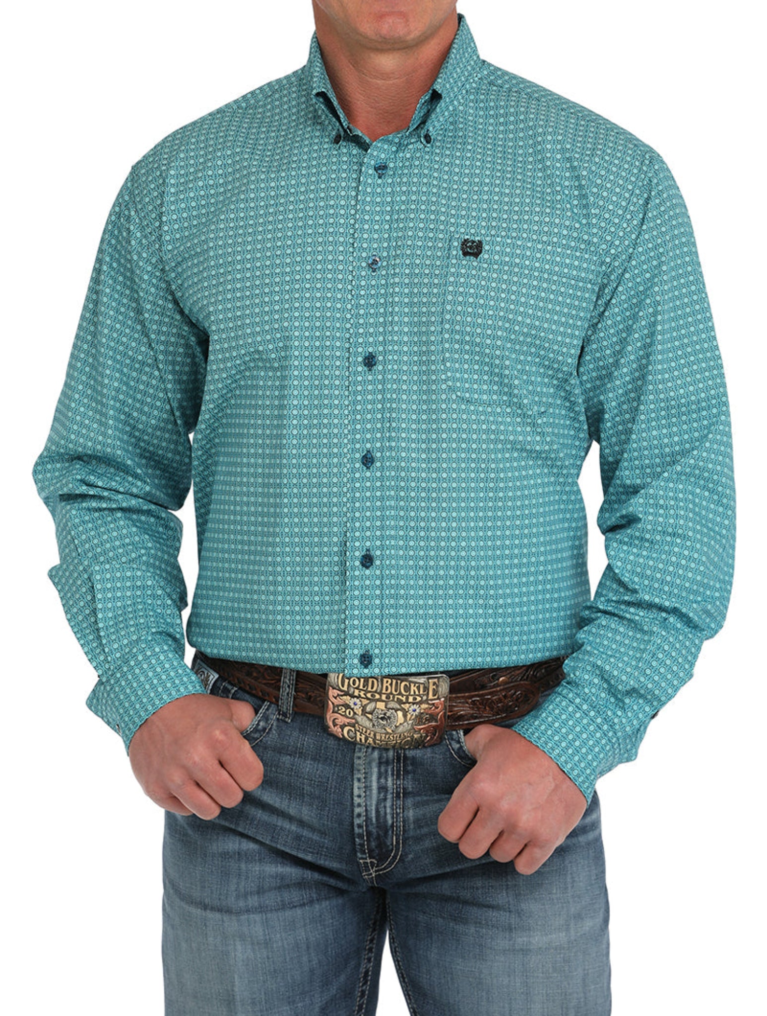 Men's Cinch Long Sleeve Print Turquoise Button Shirt