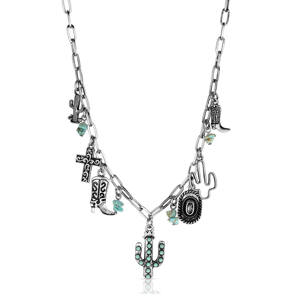 Necklace with cowboy boot, cross, cactus, and 'O' charm 