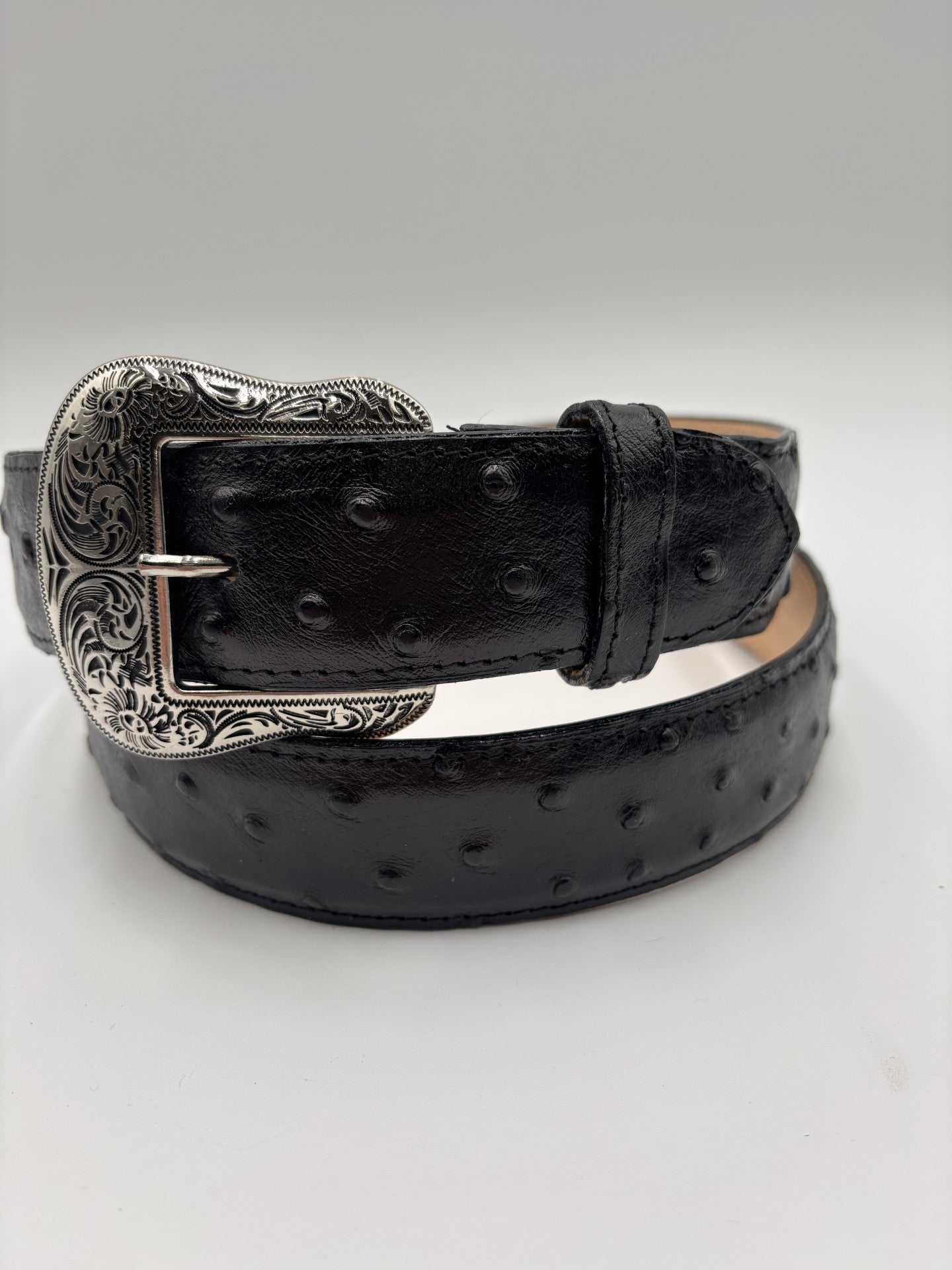 Black Ostrich Belt with a Tooled Buckle 