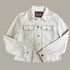 Cream denim jacket with studded details and snap front and cuffs