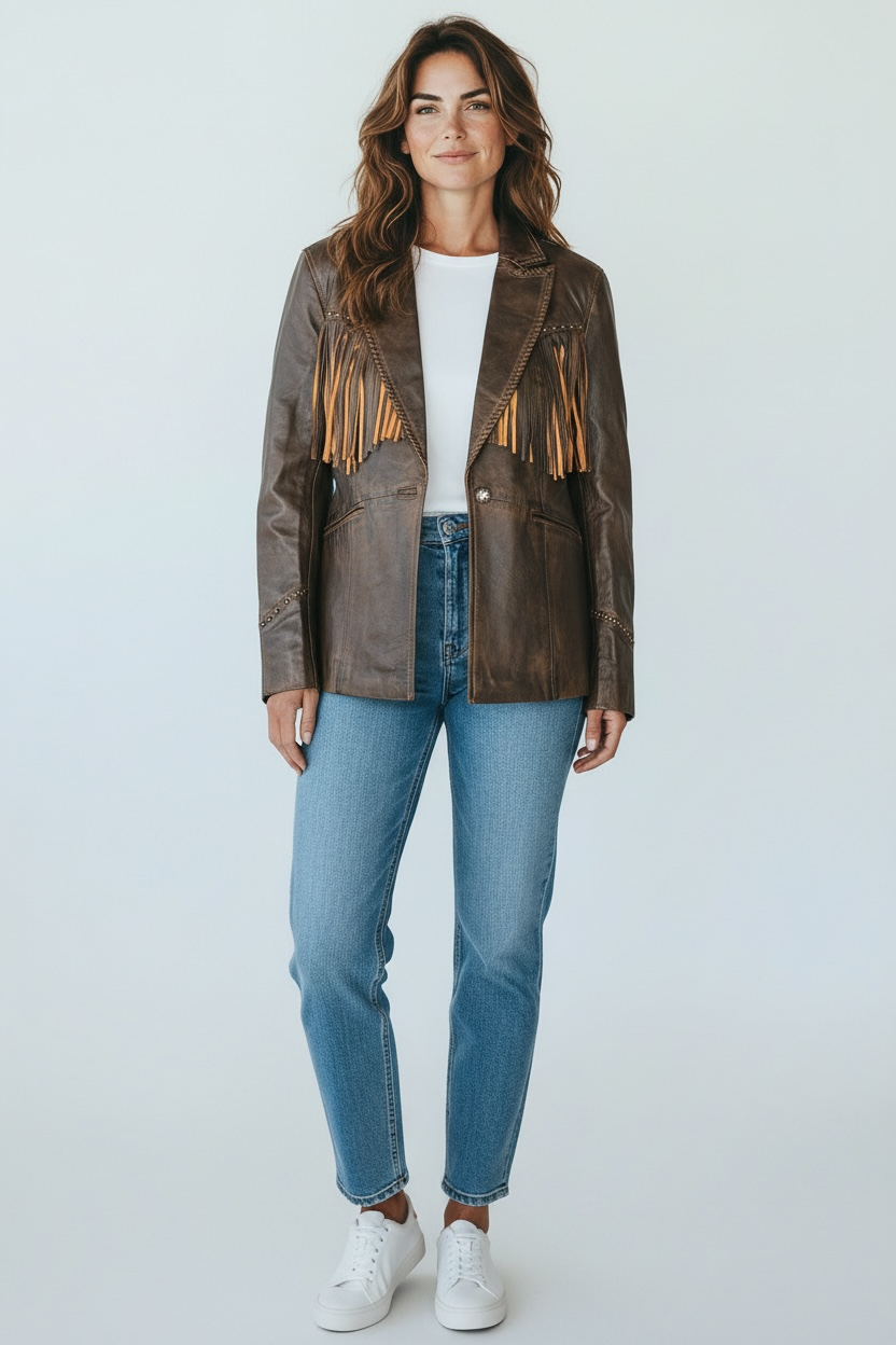 Brown leather blazer jacket with fringe